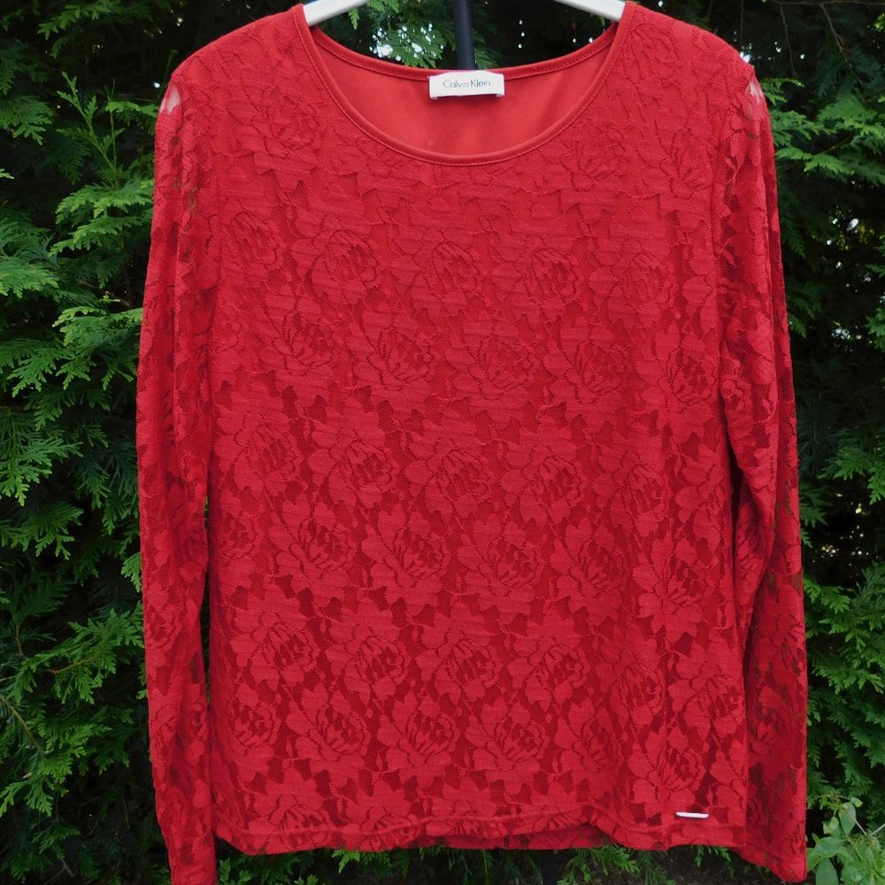 Calvin Klein Pretty Lace-Overlay Top with Sheer Lace Sleeves